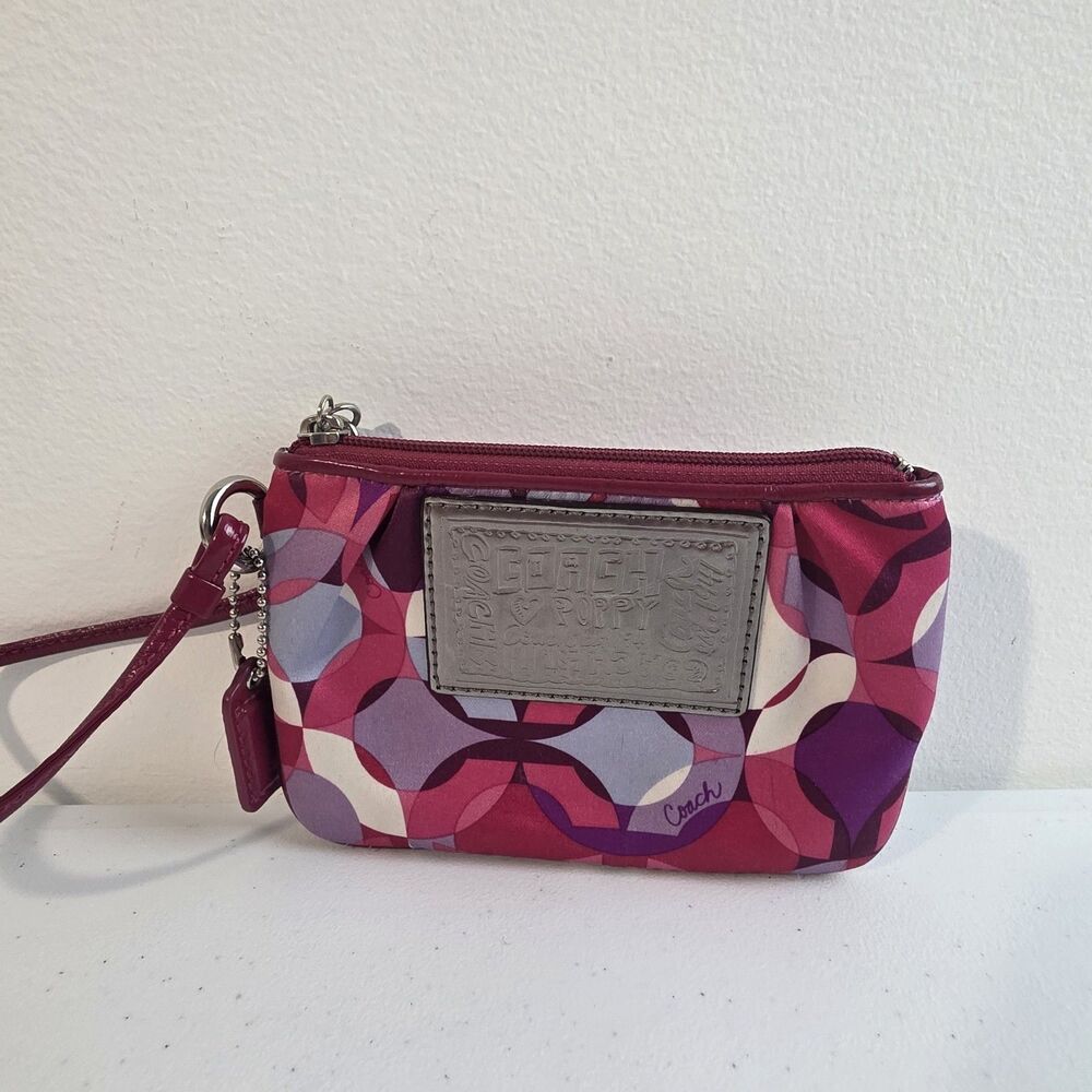 Coach 2000s Y2K Poppy Pink Multi-Pattern Wristlet with Silver Plaque GUC
